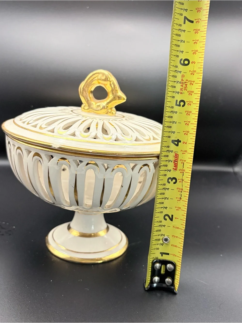 Vintage Reticulated Porcelain  Candy Dish w/ Lid Gold Trim (Italy) *Flaw*